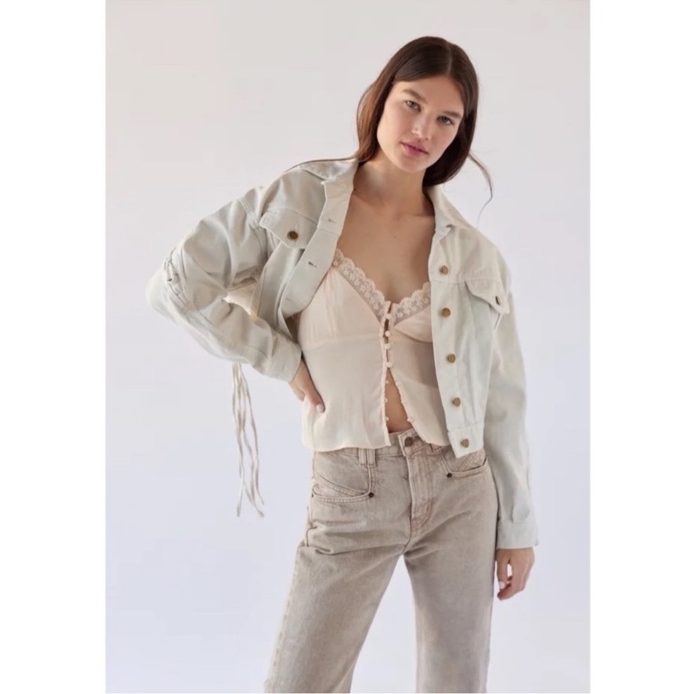 Urban Outfitters White BDG Samarria Laced Fringe Denim Trucker Jacket